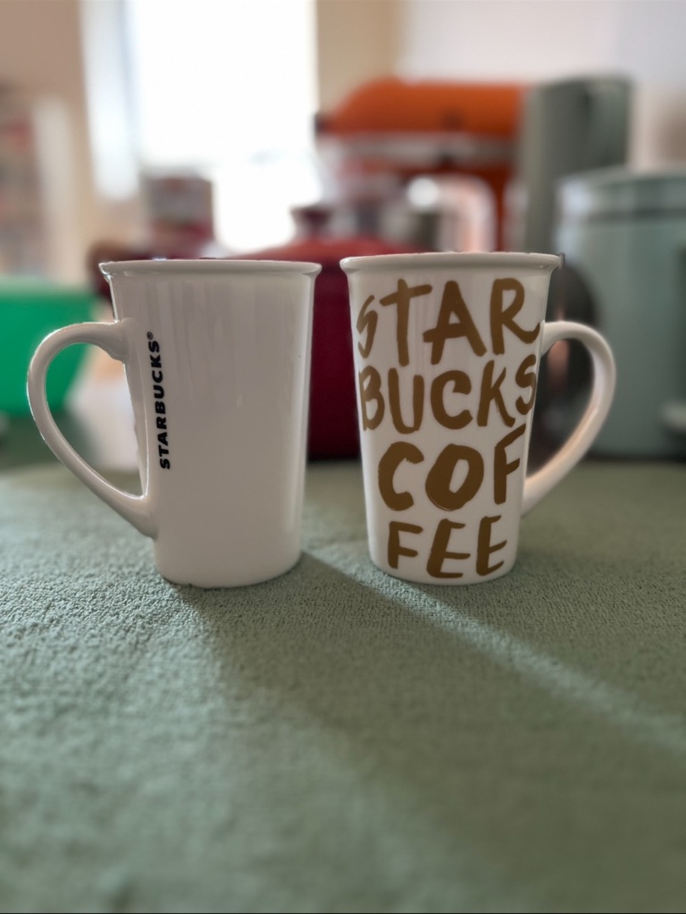 Starbucks White Mugs with Gold Lettering - Set of 2